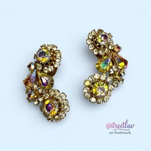 Vintage Aurora Borealis Rhinestone Clip Earrings Gold Tone